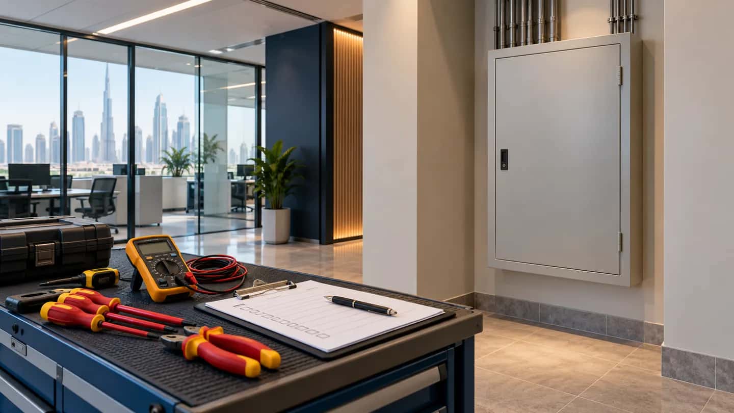 AI-generated office maintenance illustration with a clipboard and a closed electrical cabinet