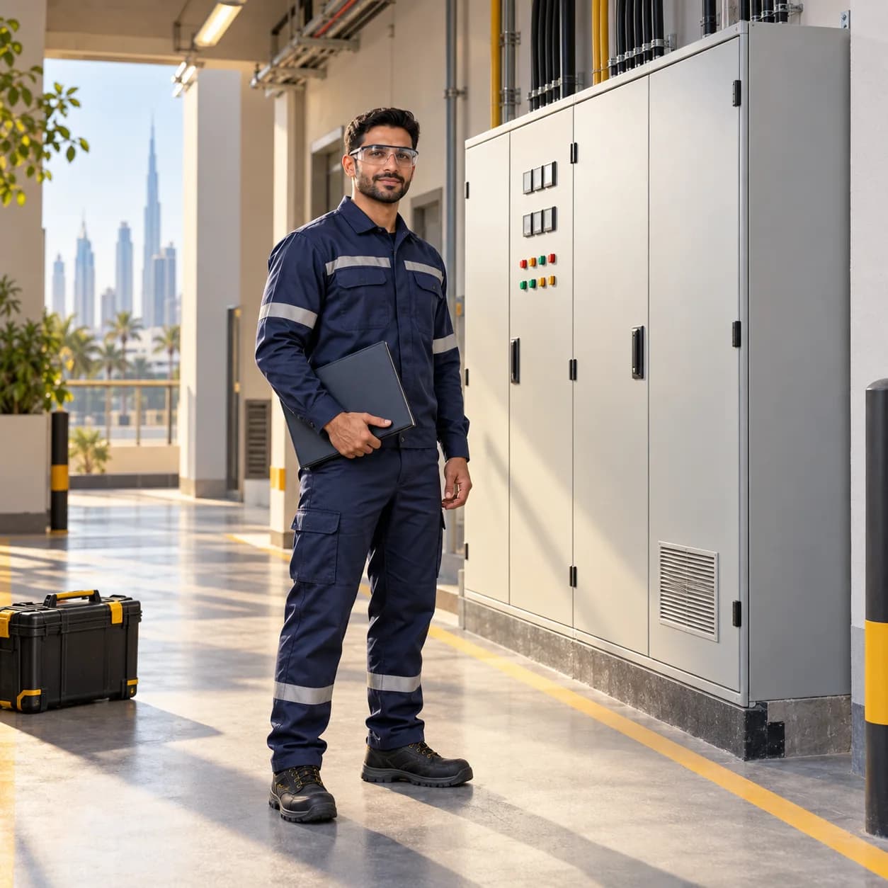 AI-generated illustration of a fictional electrician beside a closed panel; not an actual employee or customer project