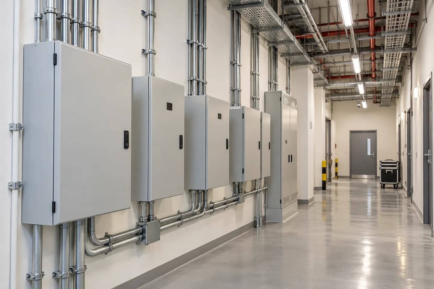 AI-generated illustration of closed electrical panels; not a customer project